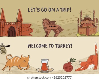 Horizontal banner. Colorful illustration of Turkey, Istanbul landmarks, Hand drawn vector line illustration.