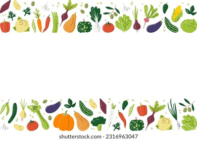 Horizontal banner composition with eco organic vegetables. Rectangle frame of various fresh veggies. Agricultural food background concept design. Hand drawn flat vector illustration with copy space