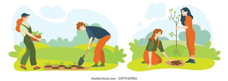 A horizontal banner with the concept of caring for the environment. Young people and volunteers are planting trees and saplings in the city park. Caring for the environment.
