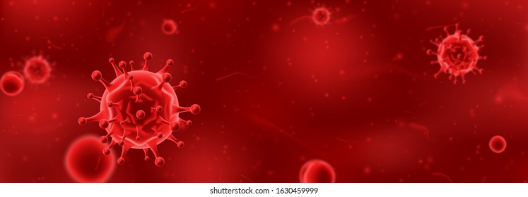 Horizontal banner concept with red viruses. Vector illustration with 3d microscopic bacteria and viruses. Coronavirus microbe cells in infected blood.