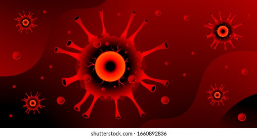 Horizontal banner concept with red viruses. Vector illustration with 3d microscopic bacteria and viruses. Coronavirus microbe cells in infected blood. 