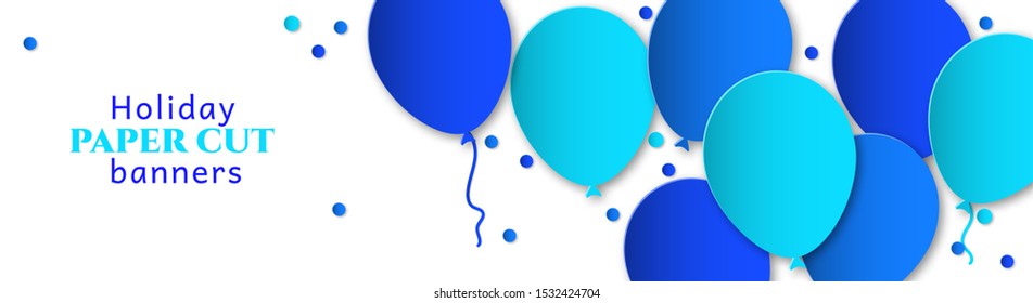 Horizontal banner for congratulations. Blue flying balls on a white background. Design in the style of paper cut, art for birthday, wedding