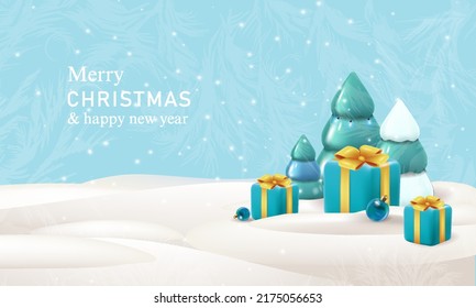 Horizontal banner with congratulations on Christmas and New Year. Winter festive landscape with snow drifts, Christmas trees and gifts Vector 3d illustration.