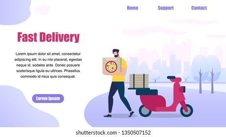 Horizontal Banner with Copy Space. Bearded Guy Delivery Service Order Shipping. Cartoon Man Character Carry Pizza Box in Hands. Red Scooter Stand on City View Background. Flat Vector Illustration.