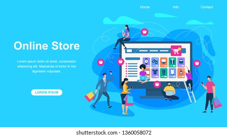 Horizontal Banner with Copy Space. Customers Buying and Making Payments with Smartphones at Huge Computer Monitor with Opened Internet Digital Online Store App Page. Cartoon Flat Vector Illustration