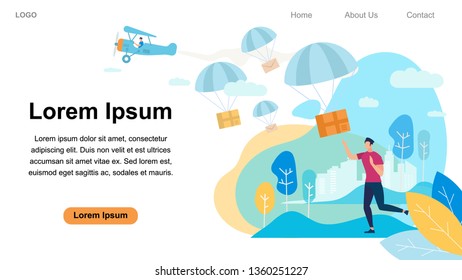 Horizontal Banner with Copy Space. Man Character Ordered Express Delivery. Parachutes Falling Down with Parcels on Colorful Nature Background. Express Postal Service Cartoon Flat Vector Illustration