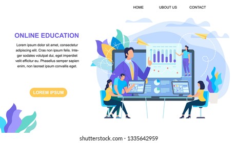 Horizontal Banner with Copy Space. Online Education Courses and Webinar, Trainer Teaches Students. E-Learning. Teaching Lecture or Seminar. Flat Vector Illustration. Cartoon Flat Vector Illustration.