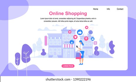 Horizontal Banner with Copy Space. Online Shopping. Young Woman Consumer with Bags Making Shopping Purchases in Web Application Stand in Front of Store Building with Awning. Flat Vector Illustration.