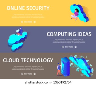 Horizontal Banner with Copy Space. Web Cloud Technology and Networking Concept. Internet Data Services. People Using Digital Smart Gadgets. Hi-Tech in Human Life.3d Flat Vector Isometric Illustration.