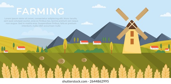 Horizontal banner with countryside landscape. Agriculture fields, mountains, mill, houses ears of wheat. Panoramic scenery of countryside. Farming, agriculture concept. Vector illustration.