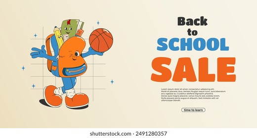 Horizontal banner, cover for a post on the social network "Sale. Back to school." Cartoon groovy characters:backpack, book, ruler, pencil, eraser. Retro style.Discounts, promotions.Vector illustration