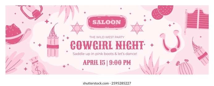 horizontal banner for a cowgirl-themed party featuring pink-toned illustrations of a hat, lantern, dynamite, horseshoe, saloon sign, sheriff badges, cacti, and decorative text on a light background.