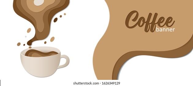 Horizontal banner with cup and coffee splash in paper cut style for shops, cafes or restaurants. Template for menu, card, banner, poster, flyers. Vector stock illustration.