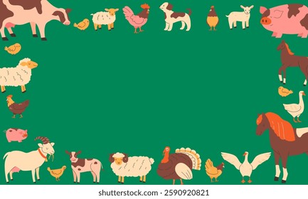 Horizontal banner with cute hand drawn farm animals