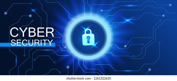 Horizontal banner Cyber security: information privacy idea or Сyber data security. Dark Blue vector abstract backdrop speed internet technology.