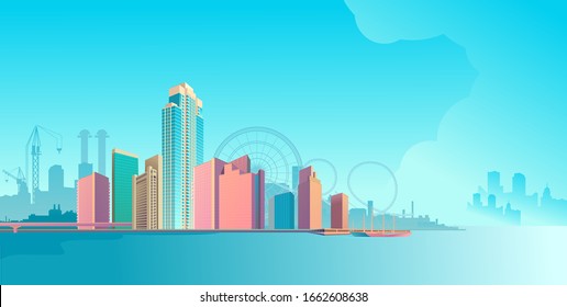 Horizontal banner daytime city landscape panoramic view of the city Vector illustration