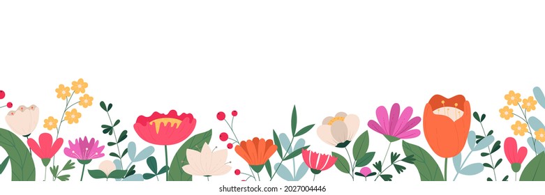 Horizontal banner decorated with blooming flowers and leaves. Spring floral backdrop. Flat vector illustration on white background