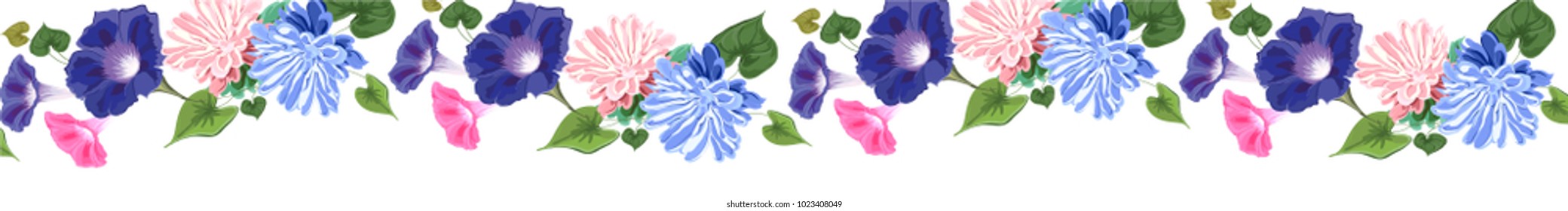 horizontal banner decorated vector illustration composition of flowers and leaves, asters, bindweed, blue and pink tender