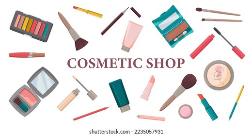 Banner horizontal para la tienda de cosméticos decorativos. ilustración vectorial