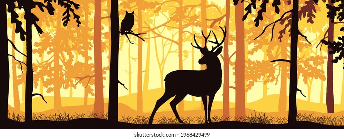 Horizontal banner of deer with antlers posing, forest background, silhouettes of trees. Magical misty landscape. Orange and yellow illustration. Bookmark.