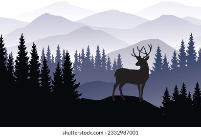 Horizontal banner. Deer silhouette, deer standing on meadow in forest. Silhouettes of animals, trees, grass. Magic misty landscape, fog. Illustration of purple blue and gray. Bookmark. mountain vector