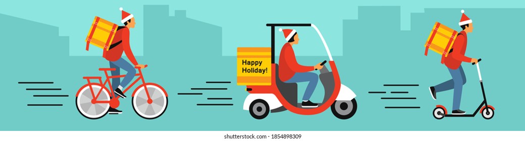 horizontal banner with deliverers of festive food and gifts for Christmas on different types of transport - by Bicycle, car, scooter. a drawing in the style of the cartoon. stock vector illustration.