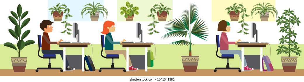 a horizontal banner depicts children in a computer class. there are many indoor plants. neutral colors, flat pattern. vector illustration. EPS 10.