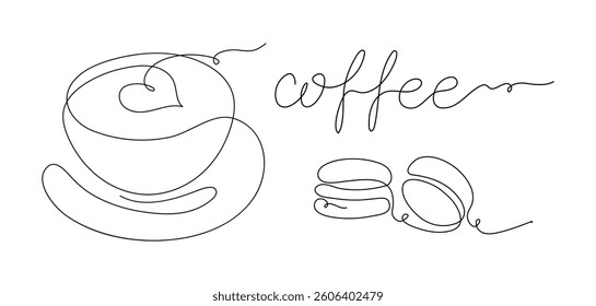 The horizontal banner depicts a coffee cup with a heart, macaroons and the inscription coffee, made in the form of a solid line. Latte coffee, cappuccino on a saucer. Vector illustration