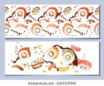 Horizontal banner design. Advertising style menu card. Sushi roll collection of japan street fast food with seafood salmon tuna shrimp and rice with cheese vector illustration on white background.