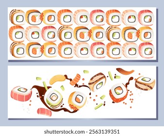 Horizontal banner design. Advertising style menu card. Sushi roll collection of japan street fast food with seafood salmon tuna shrimp and rice with cheese vector illustration on white background.