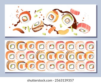 Horizontal banner design. Advertising style menu card. Sushi roll japan street fast food with seafood salmon tuna and rice with cheese vector illustration on white background.