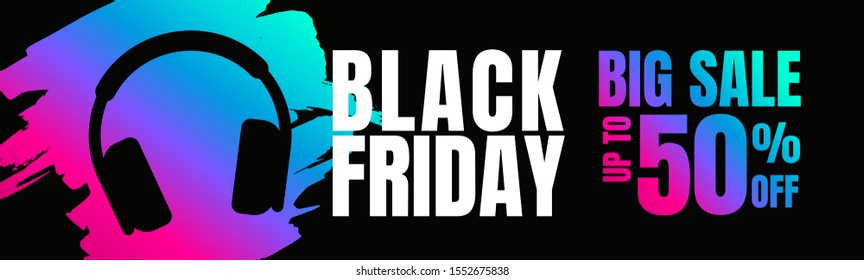 Horizontal banner design for Black Friday promotion. Music headphones icon illustration. For offers of music gadgets, instruments. Vibrant colors. Vector illustration