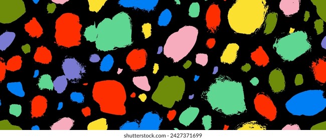 Horizontal banner design with colorful dalmatian animal fur texture. Hand drawn grunge blots and spots. Various brush strokes. Vector seamless pattern. Abstract hand drawn dalmatian skin print.