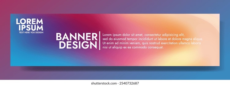 A horizontal banner design with a colorful gradient background. 