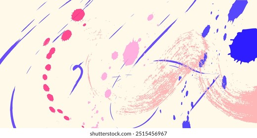 Horizontal banner design with colorful pink, blue grunge dots. Hand drawn distress damaged edge vintage template, banner, unique trendy print. Bold brush strokes texture. Abstract hand drawn print.
