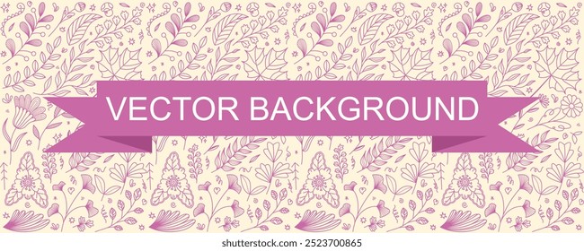 A horizontal banner design with a cream background featuring a delicate pattern of pink floral and botanical illustrations.