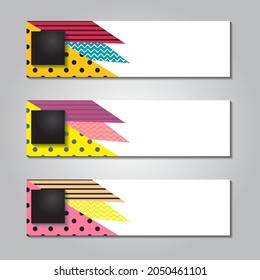 diseño de banner horizontal con punto cuadrado y fondo rayado memphis
