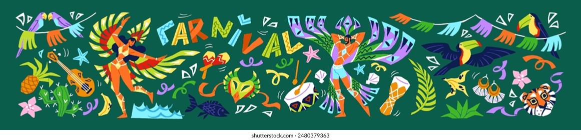 Horizontaler Banner mit Design-Elementen des brasilianischen Karnevals. Feier des Latin-Festivals, Brasilien-Party. Brasilianer, Leute tanzen zu Musik. Tropische Blätter, exotische Tukane. flache Vektorillustration