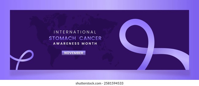 A horizontal banner design featuring a purple awareness ribbon and a world map, symbolizing International stomach Cancer Awareness Month