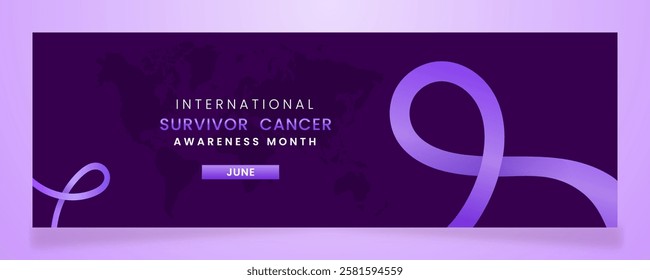 A horizontal banner design featuring a purple awareness ribbon and a world map, symbolizing International Survivor Cancer Awareness Month