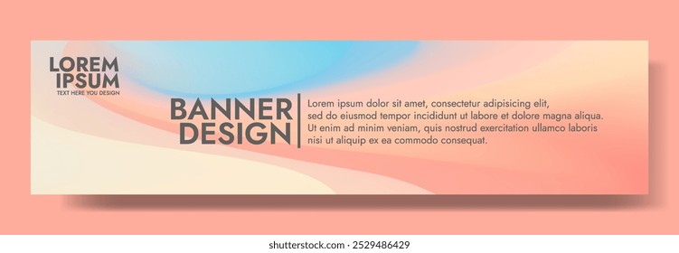 Um design de banner horizontal com um plano de fundo gradiente de cores suaves azuis, rosa e pêssego com formas abstratas onduladas