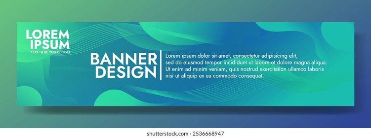 Um design de banner horizontal com um plano de fundo gradiente de verde a azul, apresentando linhas e formas onduladas abstratas. 