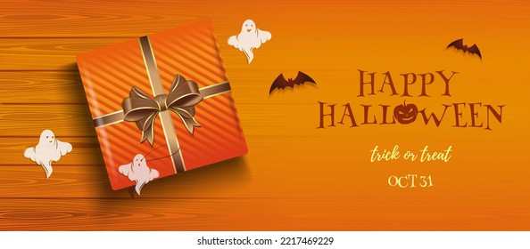 Horizontal banner design for Halloween. Halloween gift box lies on the table, view of the top. Halloween banner design. Vector illustration