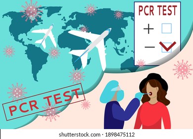 Horizontal banner design PCR test for coronavirus at the airport. A must for travel, flight and air travel around the world. Vector flat illustration
