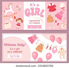 Horizontal banner design with plush toys, doll, clothes. Gender reveal party banner element 'Girl' pink helium balloons. Ideal for baby shower invitations, cards and party decor Festive vector design