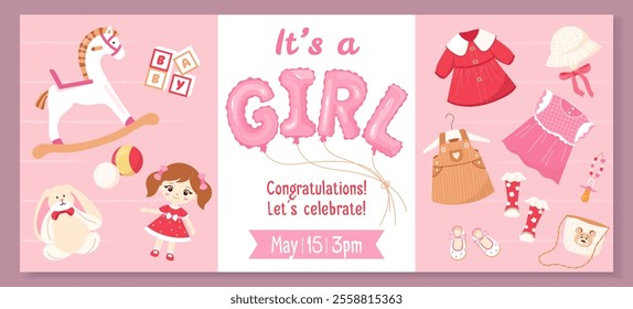 Horizontal banner design with plush toys, doll, clothes. Gender reveal party banner element 'Girl' pink helium balloons. Ideal for baby shower invitations, cards and party decor Festive vector design