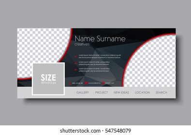 horizontal banner design for social network. Template black with space for images and polygonal elements. Vector illustration.