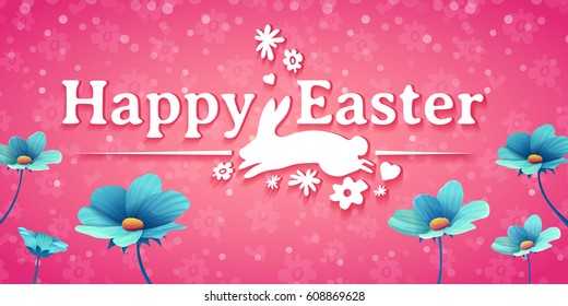 Horizontal banner design template with blue flower decoration for spring Easter. Invitation with logo for easter holiday with jump rabbit. Poster for special easter offer on pink background. Vector.