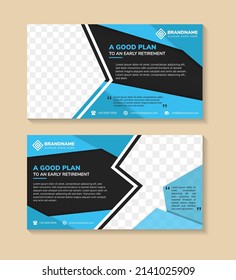 horizontal banner design template of a good plan to an early retirement. mosaic polygonal concept using blue and black colors. space for photo and text. dot halftone pattern for element. 