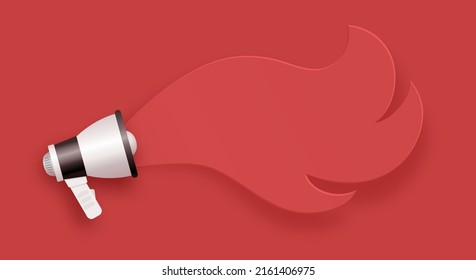 Plantilla horizontal de diseño de pancartas con megáfono realista a altavoz sobre fondo rojo. Ilustración del vector